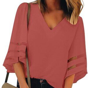 V-Neck Mesh Panel Blouse with 3/4 Bell Sleeve - Coral Color - XL
